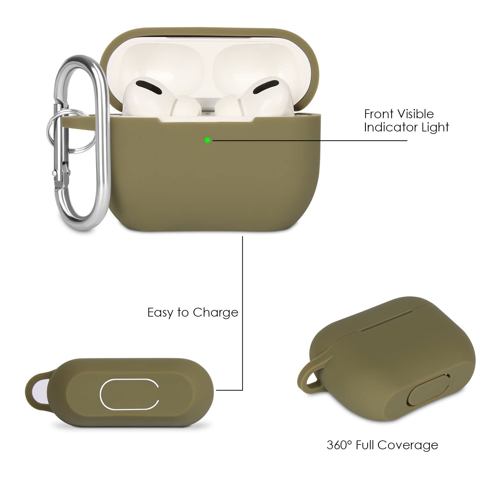 KOKOKA Protective Case Compatible with AirPods Pro Case, Anti-Shock Silicone Protective Cover, Soft, Non-Slip Protective Case for Airpods Pro 2019 with Carabiner, Army Green in use