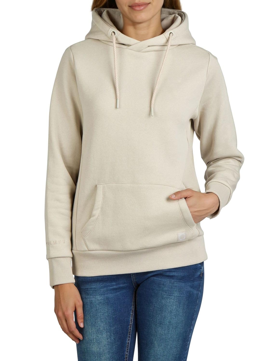 DENIMFY Hoodie Damen Regular Fit DFEmma Kapuzenpullover Pullover Cross-Over Kragen Schwarz Beige Grau Rose Blau Grün S M L XL XXL