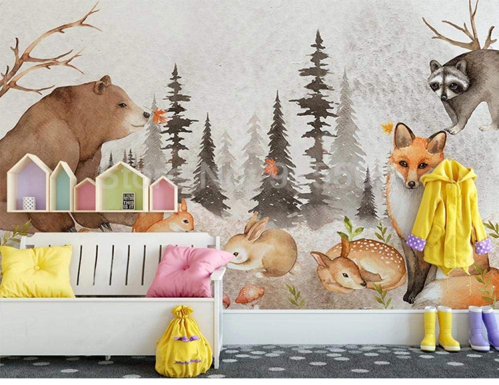 Papier peint abstrait forêt avec ours de dessin animé, affiche murale 3D chambre 350x245 cm