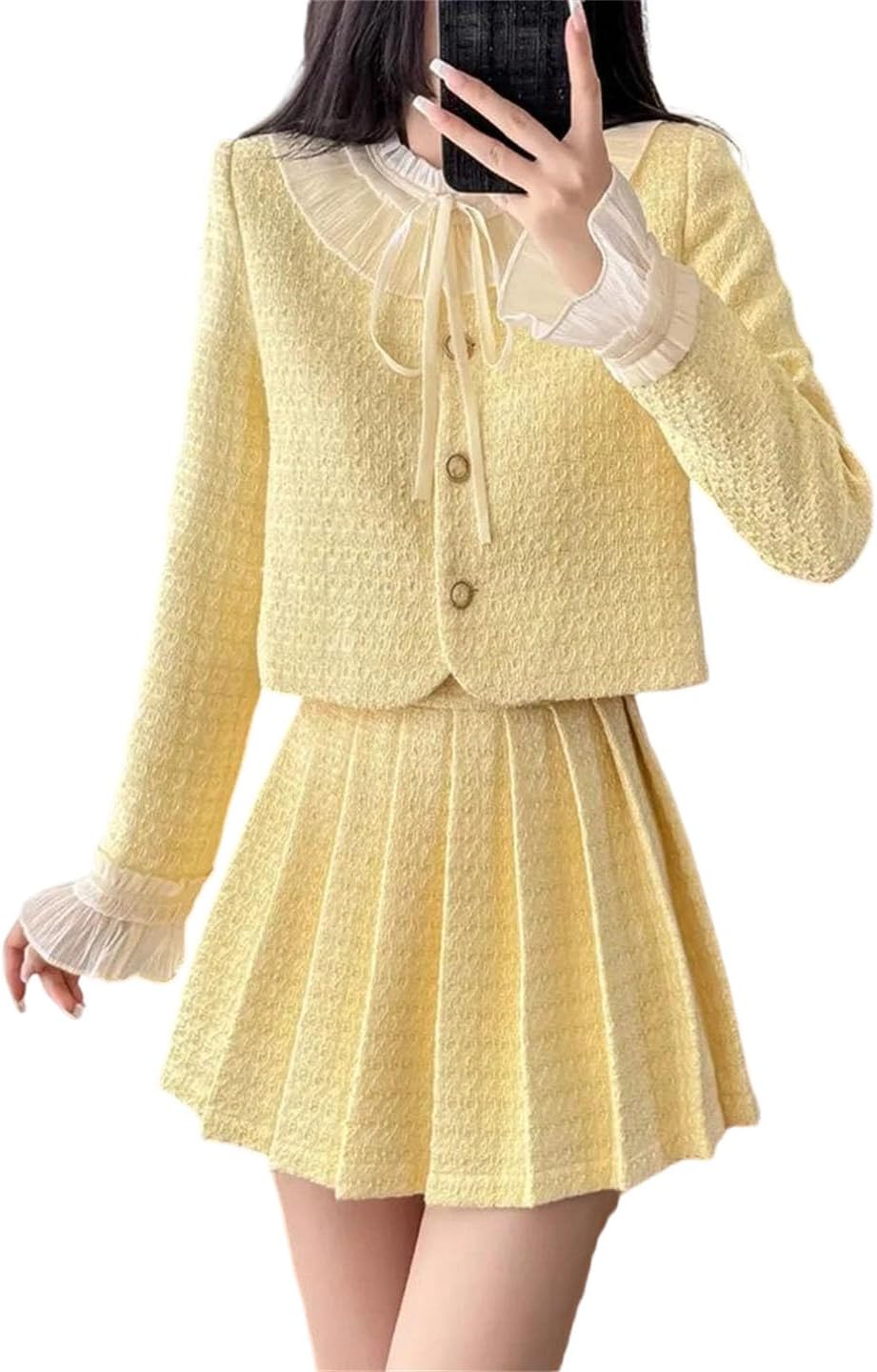 Women Tweed Two Piece Set Jacket Skirt Matching Outfit