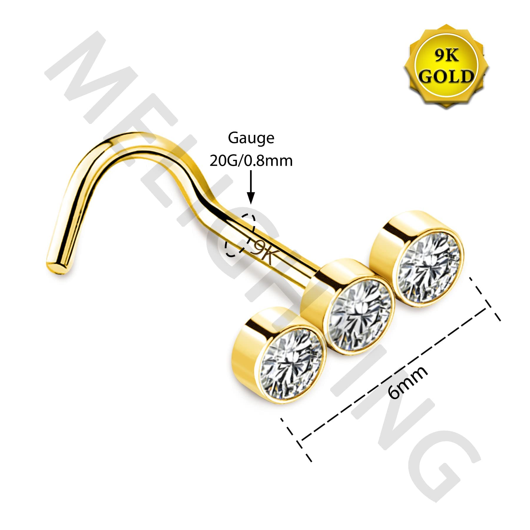 MeIighting 9ct & 14ct Yellow Gold Nostril Piercing Stud 20G Nose Ring Piercing L Shaped Nose Stud Round CZ Screw Nose Ring Piercings Gold Nose Bone Nose Ring Stud Piercing Jewelry