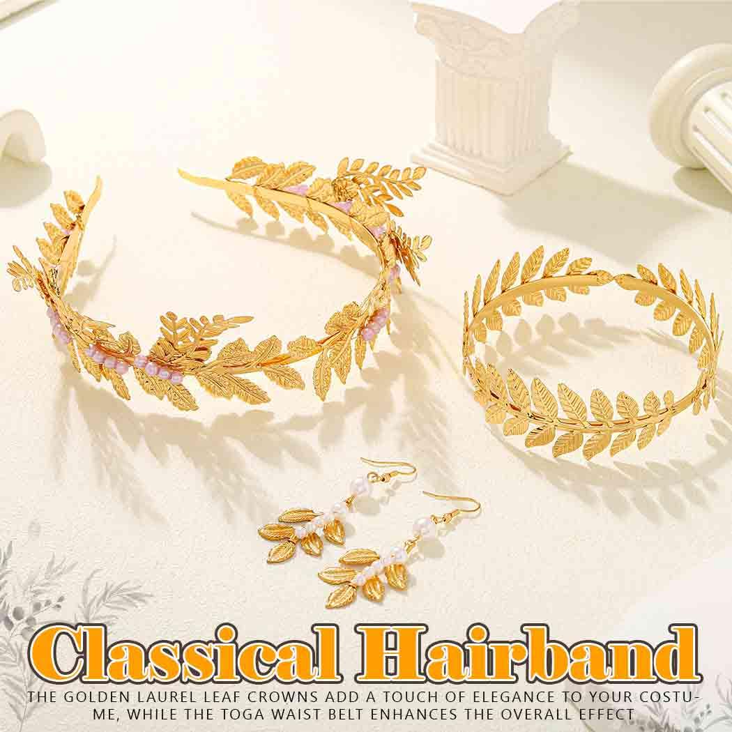 Handcess Greek Goddess Costume Accessories Set Golden Toga Laurel Leaves Headband Pearl Drop Earrings Upper Arm Cuff Accessories for Women - Image 4