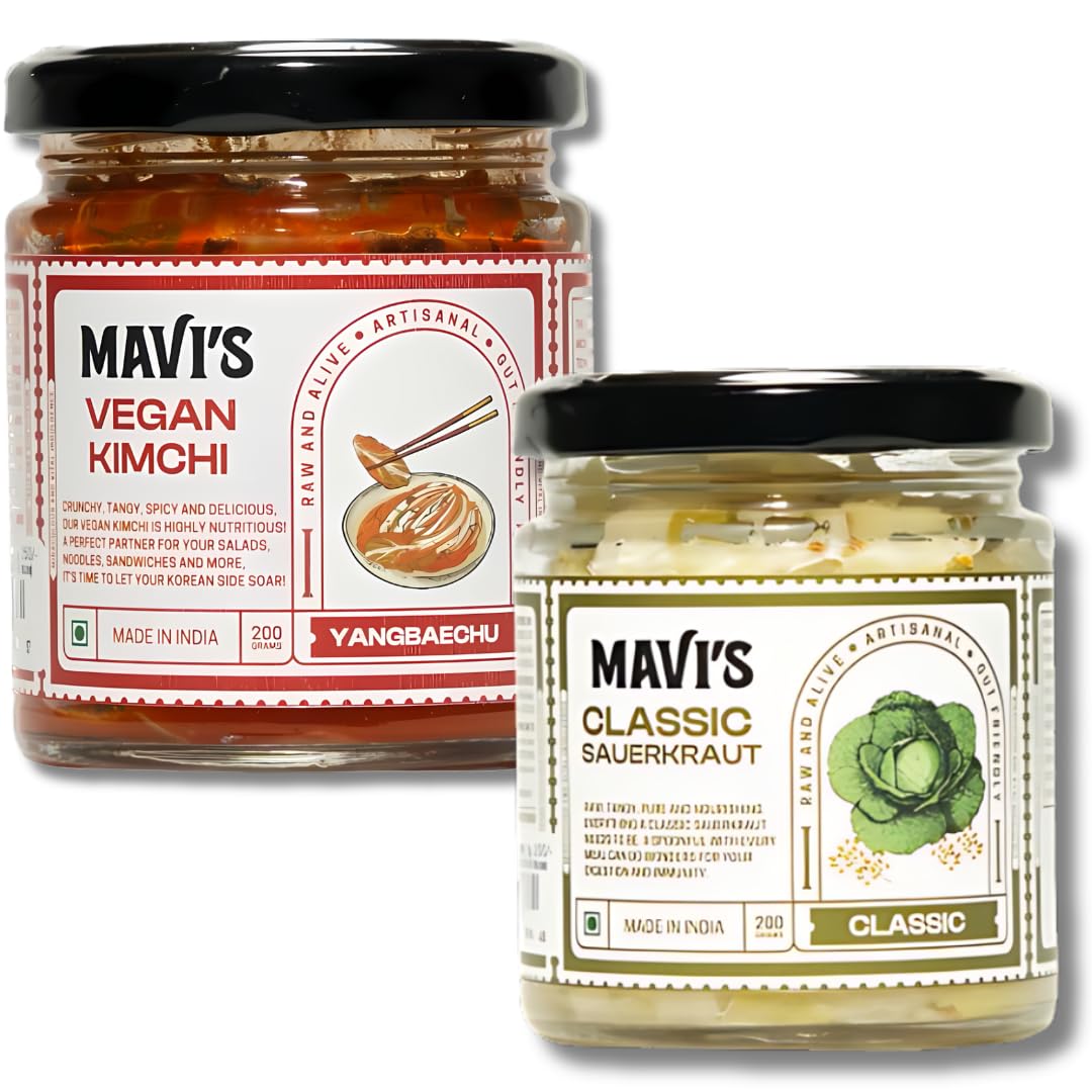 MAVIs Vegan Kimchi and Classic Sauerkraut | Artisanal Probiotic Pickle | 100% Natural, Organic & Vegan | No Preservatives, No Artificial Flavour or Colour | Combo Pack of 2 | 200g each (B0DH8H3LSC) Amazon Price History, Amazon Price Tracker