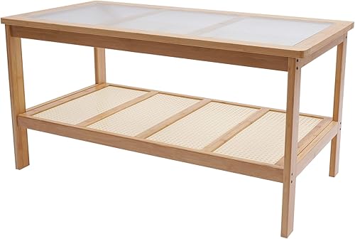 Miniatura 7 de SHIOUCY Mesa de centro rectangular de mediados de siglo de 2 niveles con tapa de cristal y estante de almacenamiento rústico soporte de TV