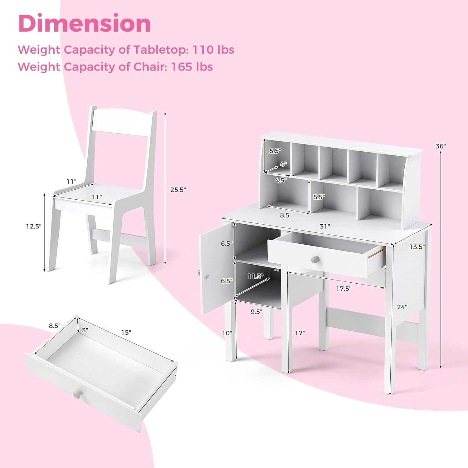 HONEY JOY Kids Desk and Chair Set, Wooden Children School Study Table and Chair w/Drawer, Hutch, Storage Shelves, Student Writing Desk Computer Workstation for Bedroom, 3+ Years Old (White)