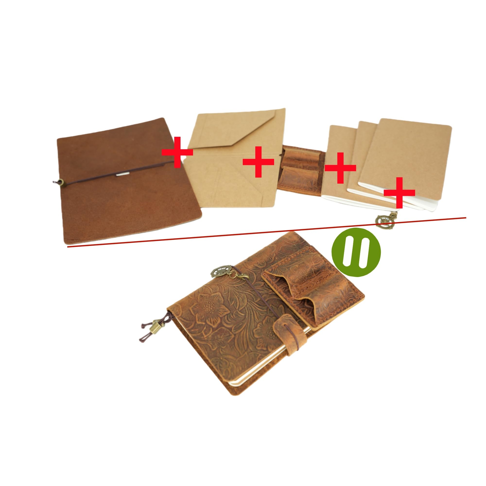 JJNUSA Carnet de voyage A5 fabriqué à la main en cuir véritable – 8.3in x 5.5in / 21 x 14 cm, couverture rechargeable avec poches intérieures, emplacements pour cartes et porte-stylo