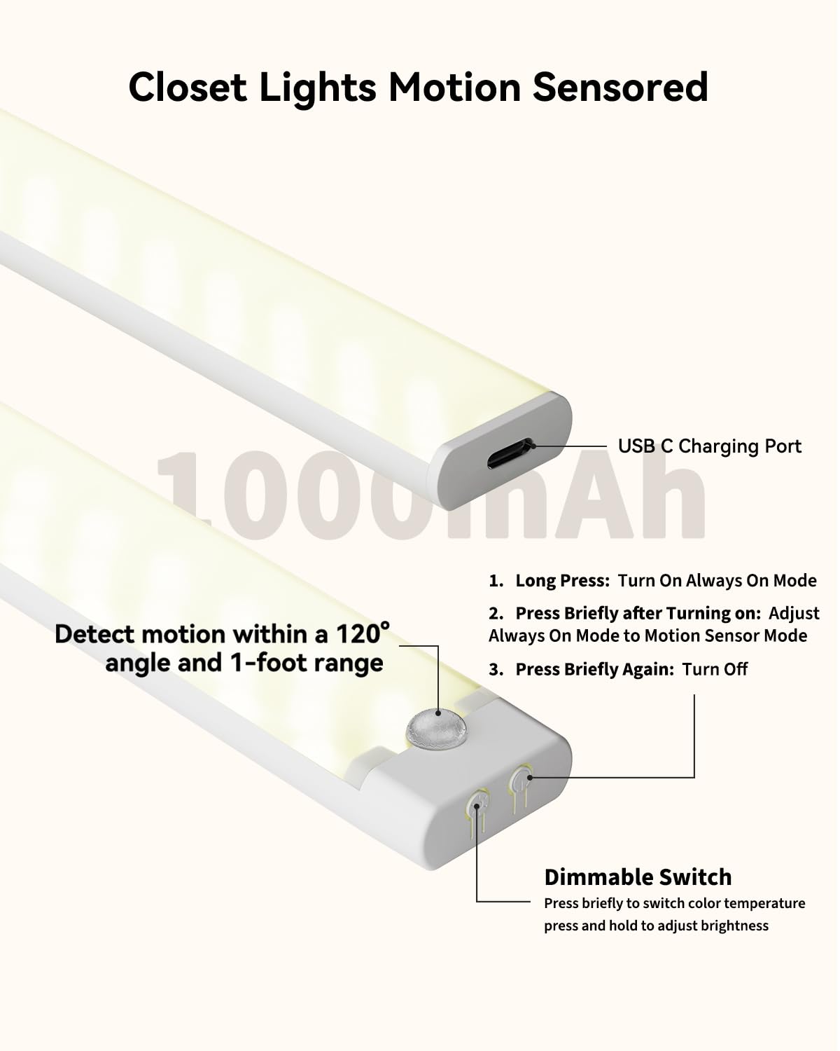 Unterschrankbeleuchtung, 30,5 cm, mit 2 Ladestationen, wiederaufladbares Licht mit Bewegungssensor, 3 Farben, dimmbares LED-USB-Unterbaulicht, 12 Stück