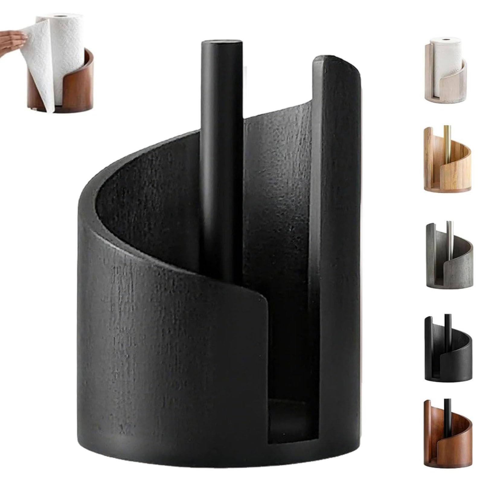 Mountain Paper Towel Holder ，Round Wooden Kitchen Roll Holder Free Standing Countertop Standing Rolls Hold With Sturdy Anti-Slip BaseFor Kitchen, Toilet, Pantry And Bathroom (Black)