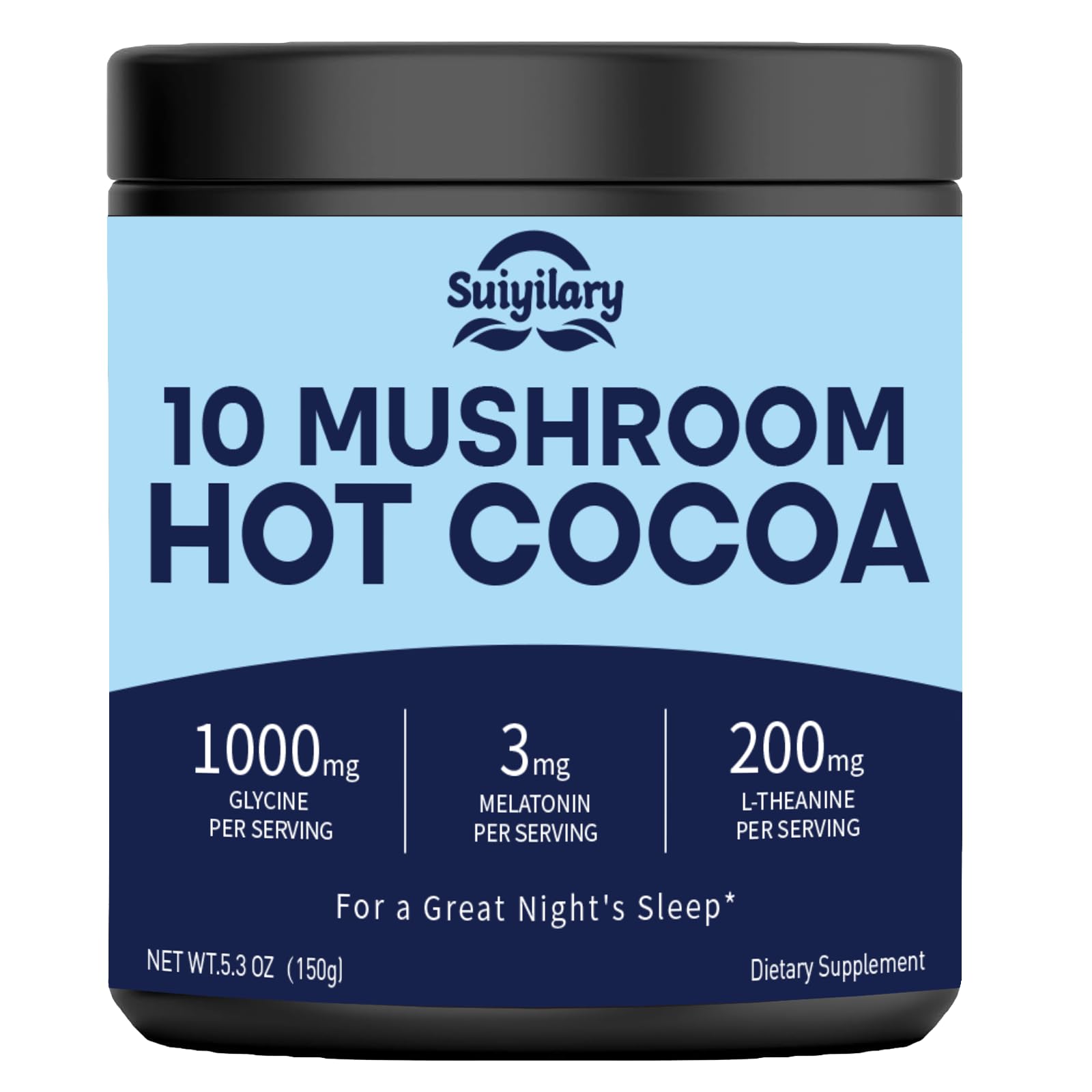 10 Mushroom Hot Cocoa, 3mg Melatonin Sleep Supplement, Sugar Free Keto Cocoa Powder, Nighttime Drink, 1000mg Glycine, 200mg L-Theanine, Help Fall Asleep and Stay Asleep, 15 servings