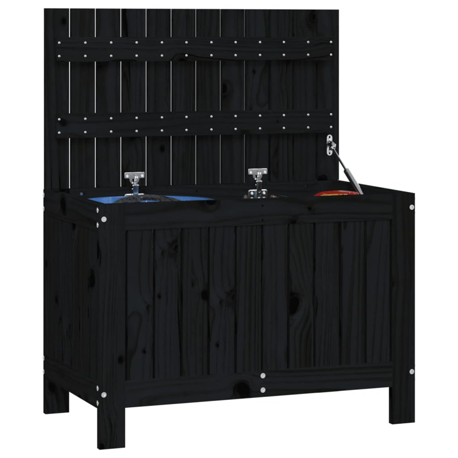 Homgoday Contenedor de jardín negro, 76 x 42,5 x 54 cm, madera maciza de pino, cofres y baúles para exteriores, armario de exterior, soporte para herramientas de jardín, puf de exterior, baúl de