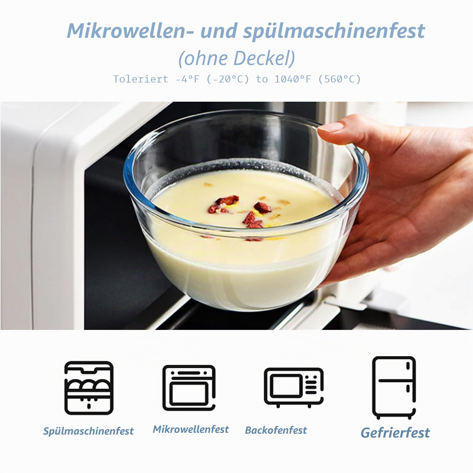WhiteRhino Glas Rührschüssel mit Deckel, 3er-Set (4,2L, 2,5L, 1L), Große Rund Salatschüsseln für die Küche,Salatschüssel mit Deckel, Kochen,Backen,Vorbereiten, spülmaschinenfes