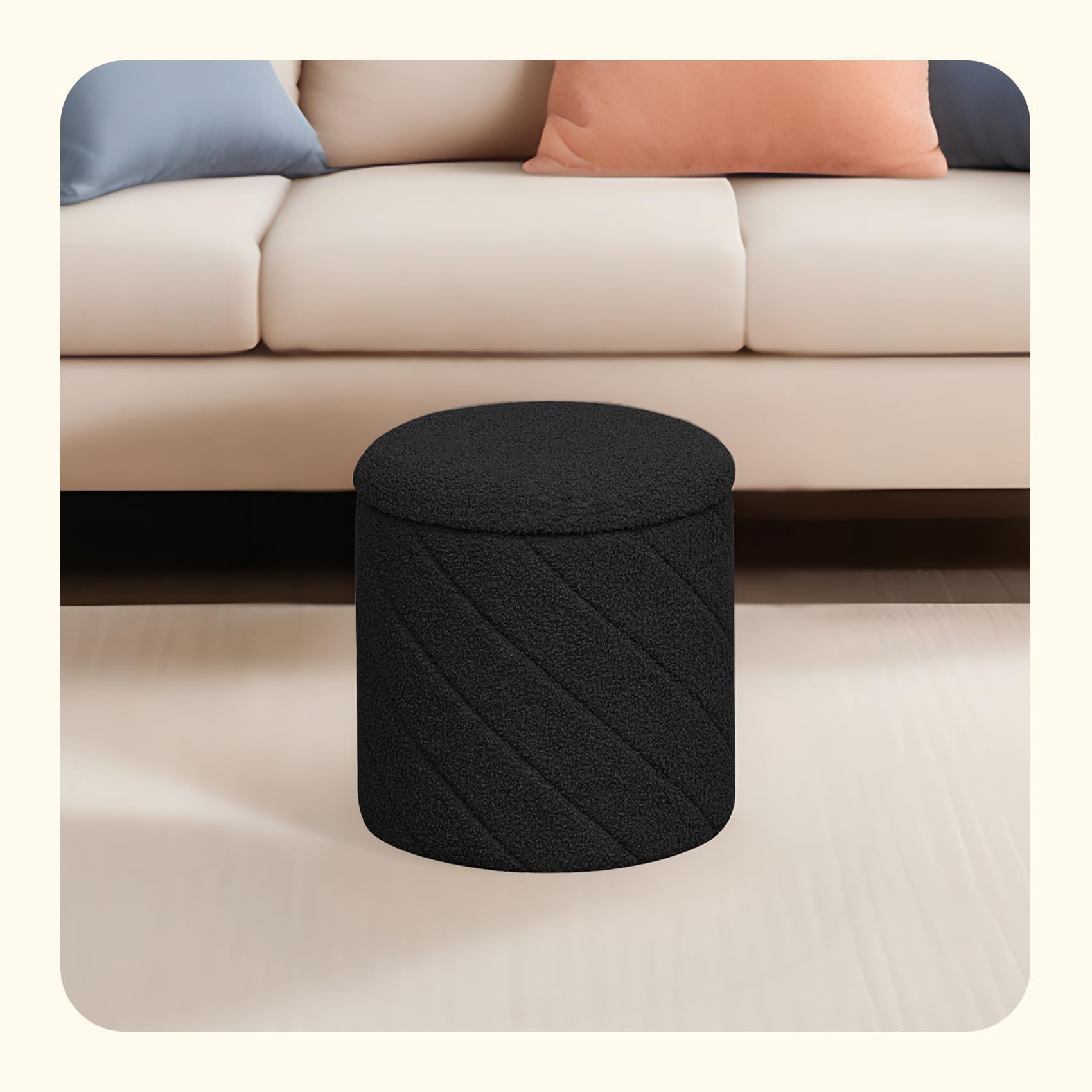 PINPLUS Pouf Contenitore Rotondo Pieghevole, in Teddy Bouclé, con Coperchio Ribaltabile come Tavolino, per Soggiorno e Camera, Ø 33 x 35 cm, Nero