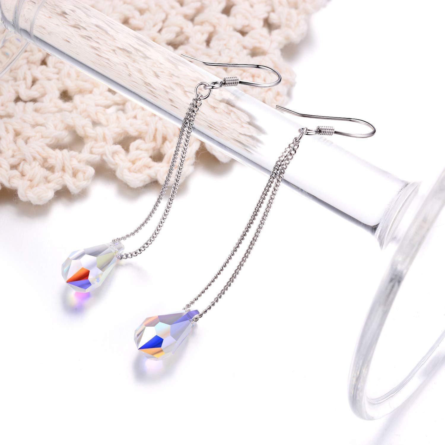 AOBOCO 925 Sterling Silver Teardrop Drop Dangle Earrings with Aurora Borealis Austrian Crystals