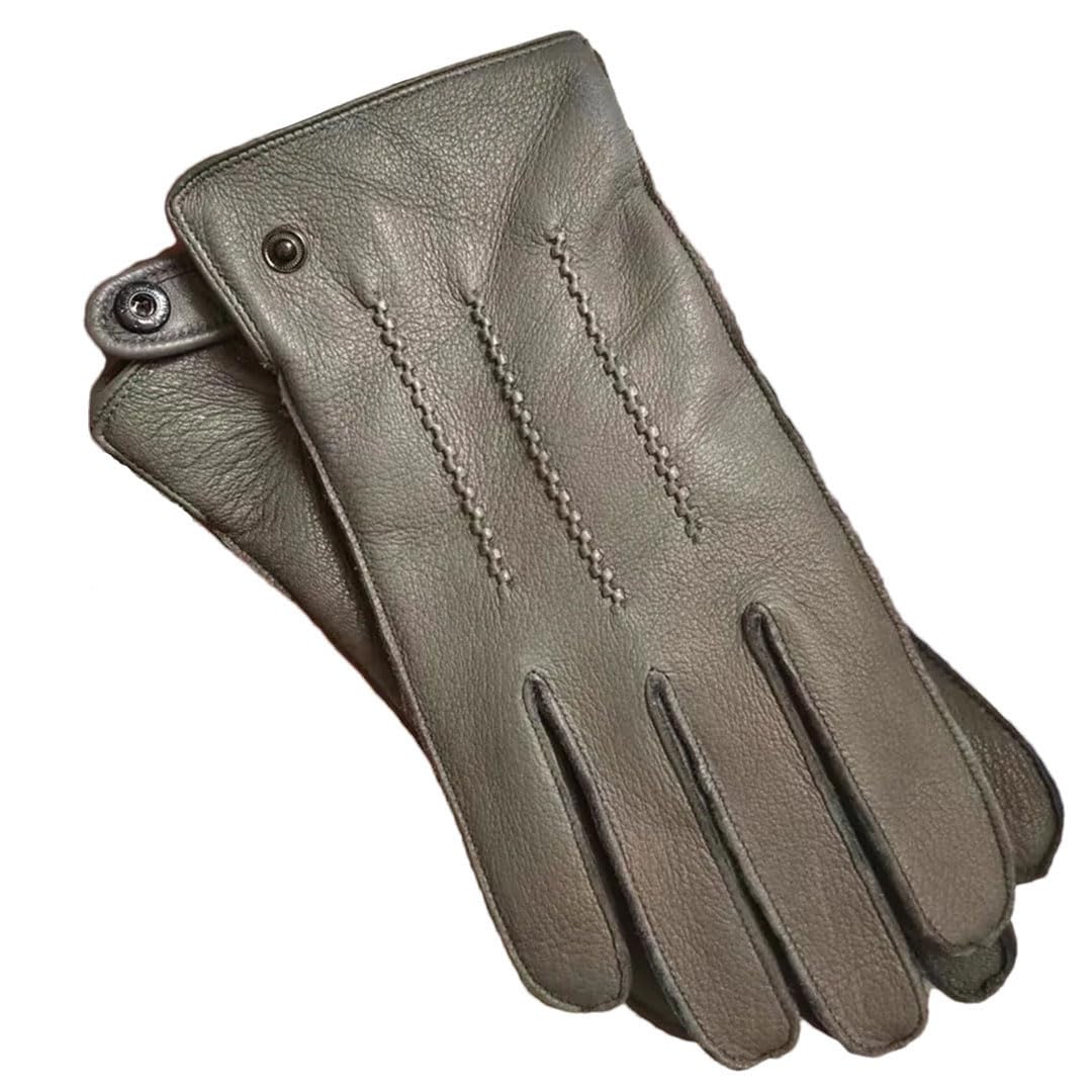 Damen-Handschuhe aus echtem Leder, importiertes Hirschleder, Wolle, gestrickt, gefüttert, thermische Fahrhandschuhe, Grau, Größe L