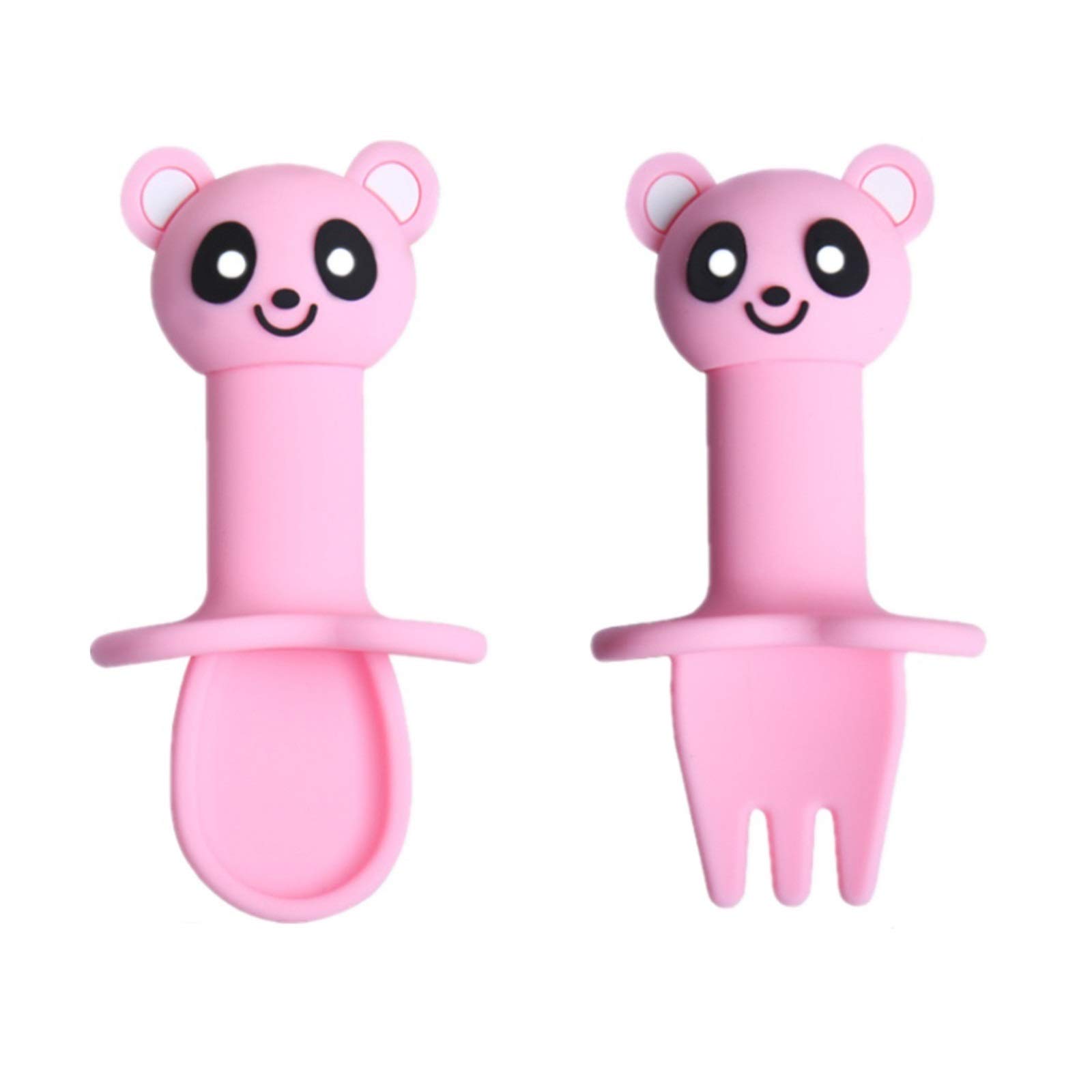 Baby Fork and Spoon 2 Set, Kids Self Feeding Training Spoon&Fork with 2 Pack Storage Box for Toddler Weaning and Learning to Use Cutlery (Panda Pink)