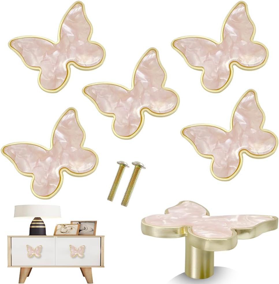 6pcs Butterfly Handgrip Alloy Band Screws Single Hole Rotary Handgrip Decorative Door Handgrip for Kitchen 、Cabinet 、Drawer、Closet Decorat Furniture Door (Pink)