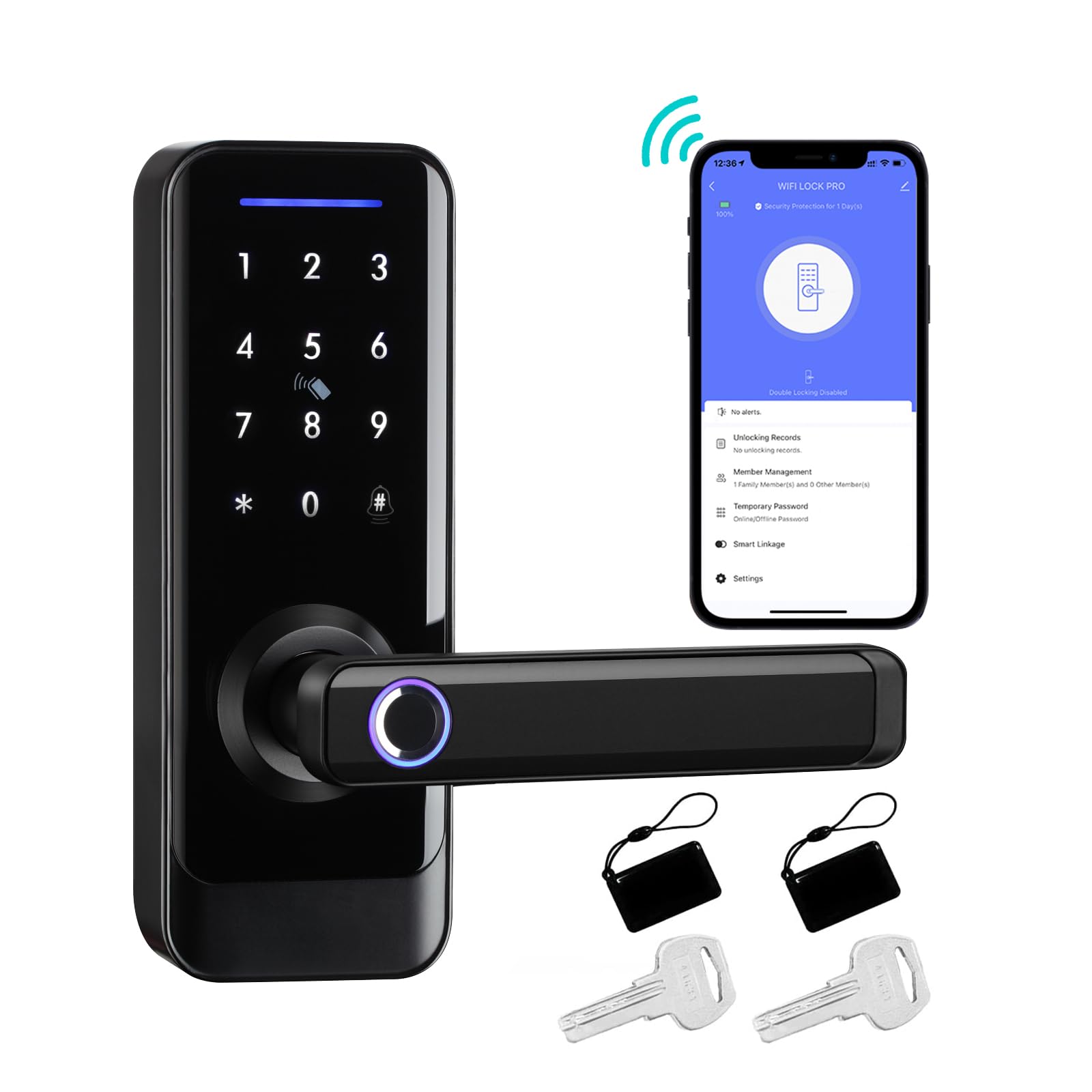 GEKRONE Smart Front Door Lock with Lever Handle, Keyless Entry Keypad Fingerprint Deadbolt, APP Control Biometric Electronic Digital Touchscreen Knob Set