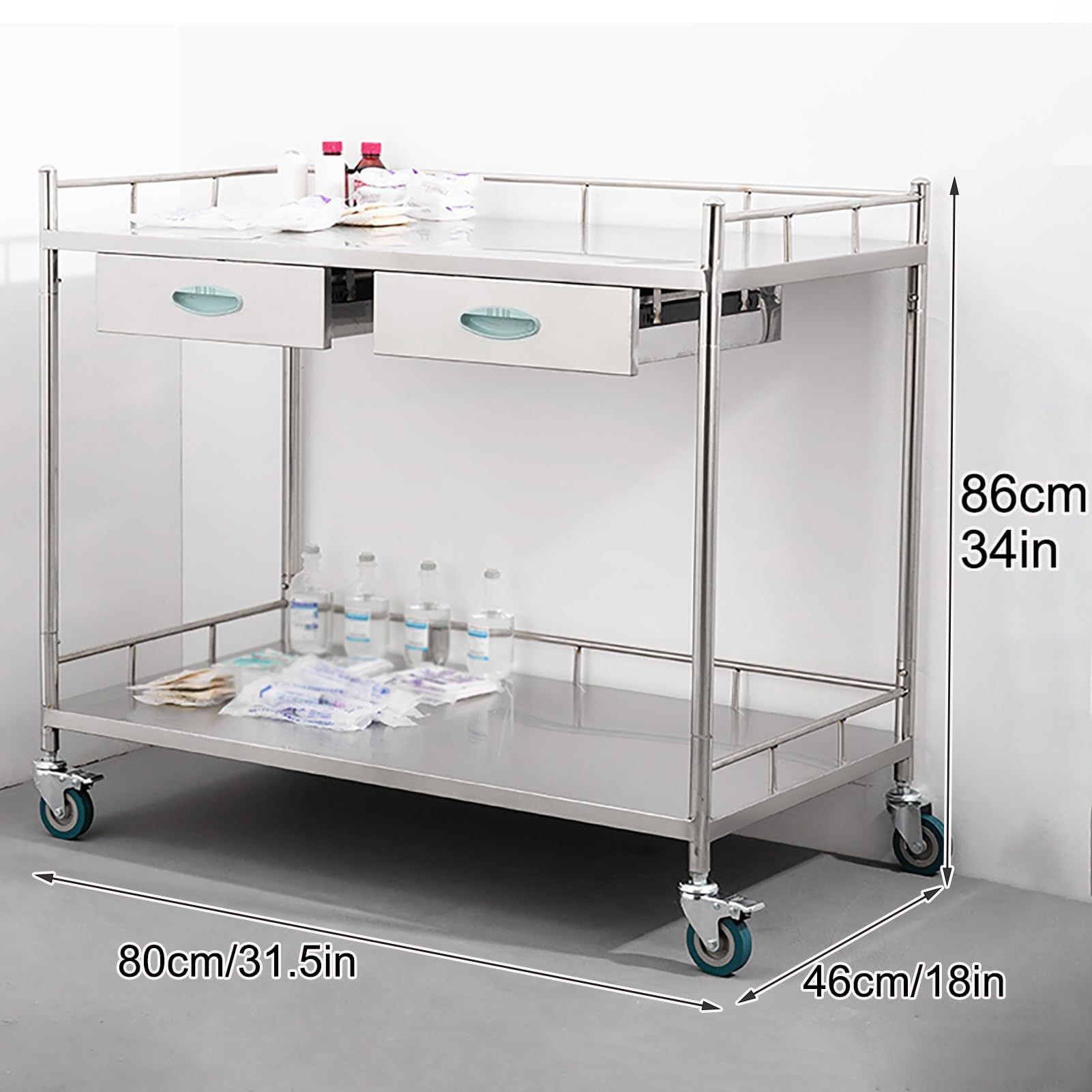 Carrello Da Laboratorio A 2 Ripiani In Acciaio Inossidabile, Con Due Cassetti, Carrelli Di Servizio Per Attrezzature, Carrelli Per Laboratori Odontoiatrici Con Ruote Commerciali,per Ufficio,ristorante