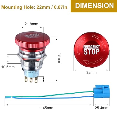 Miniatura 3 de DMWD Interruptor de botón de parada de emergencia con cierre de metal de 0.866 in, cabeza de hongo rojo grande, carcasa de acero inoxidable,