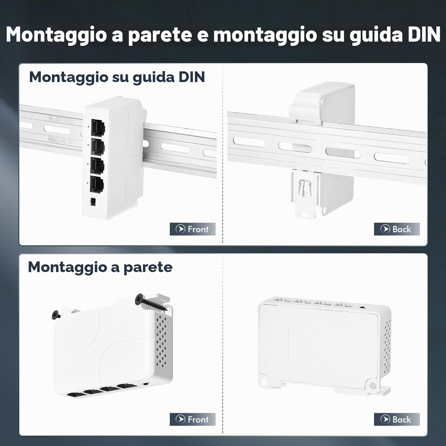 Extender PoE a 4 porte, 1 PoE in 3 uscite PoE, switch passthrough alimentato IEEE802.3af/at PoE, Ethernet 100Mbps, guida DIN e montaggio a parete