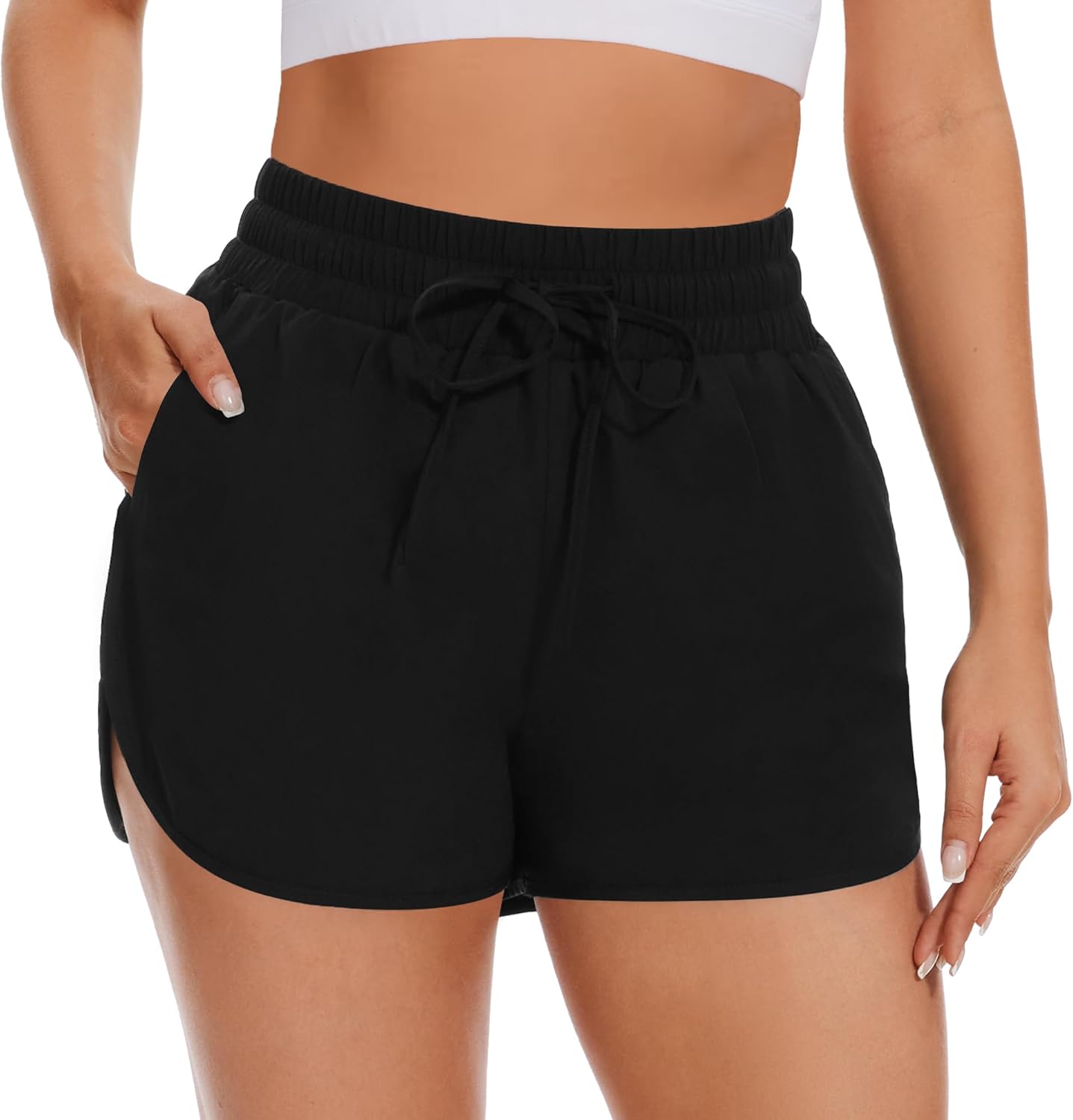 AKKQHH Running Shorts Womens High Waisted Gym Shorts with Pocket Breathable Quick Dry Sports Cycling Workout Activewear Black