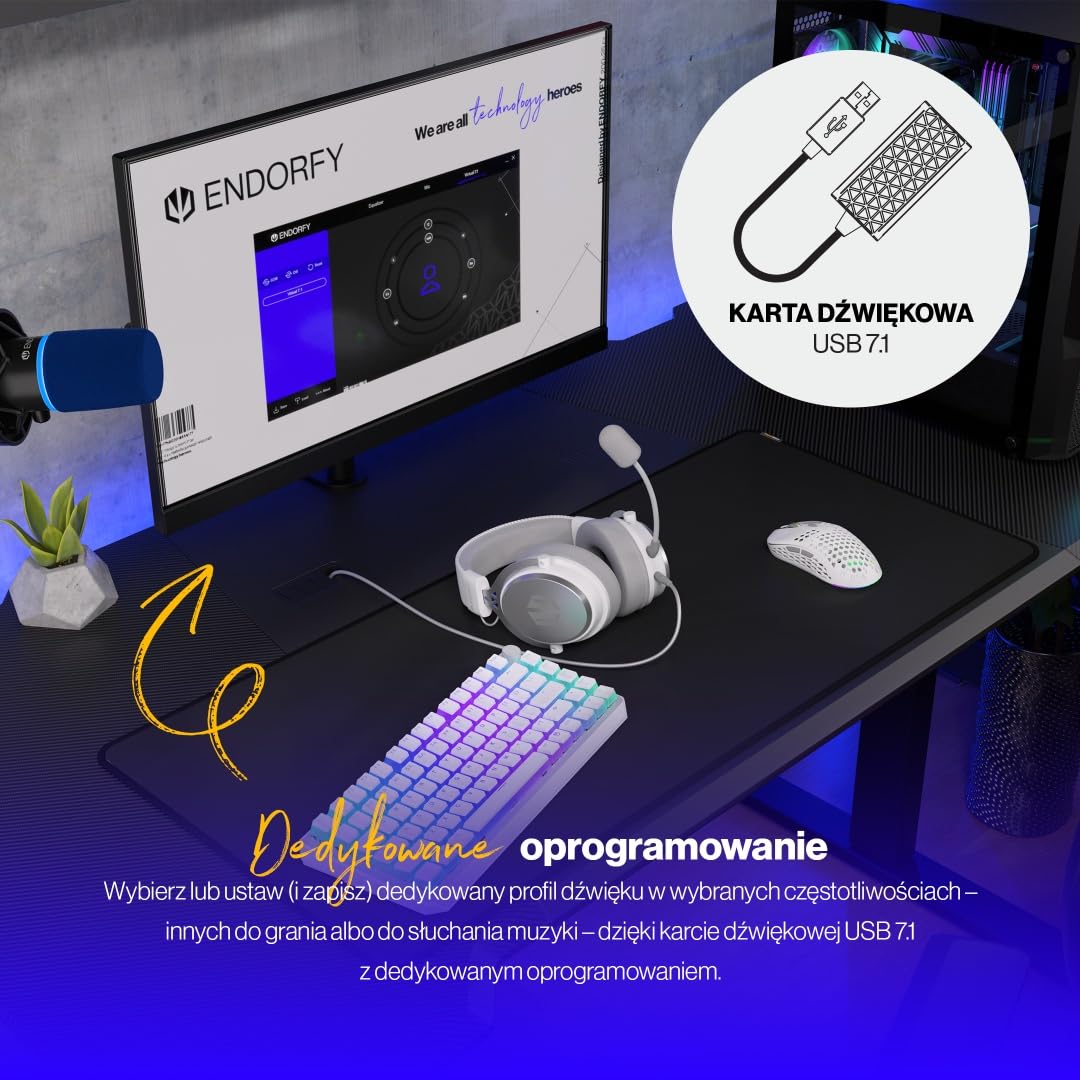 ENDORFY Viro Plus USB Onyx White słuchawki gamingowe 7.1 z mikrofonem, 53 mm, USB i jack 3.5 mm, memory foam, headset PC PS5 Xbox Switch, białe