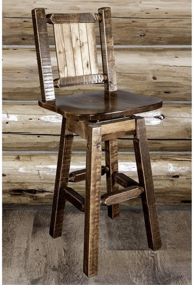 Montana Woodworks Homestead Collection Barstool with Back & Swivel, Laser Engraved Bear Design, Stain & Lacquer Finish