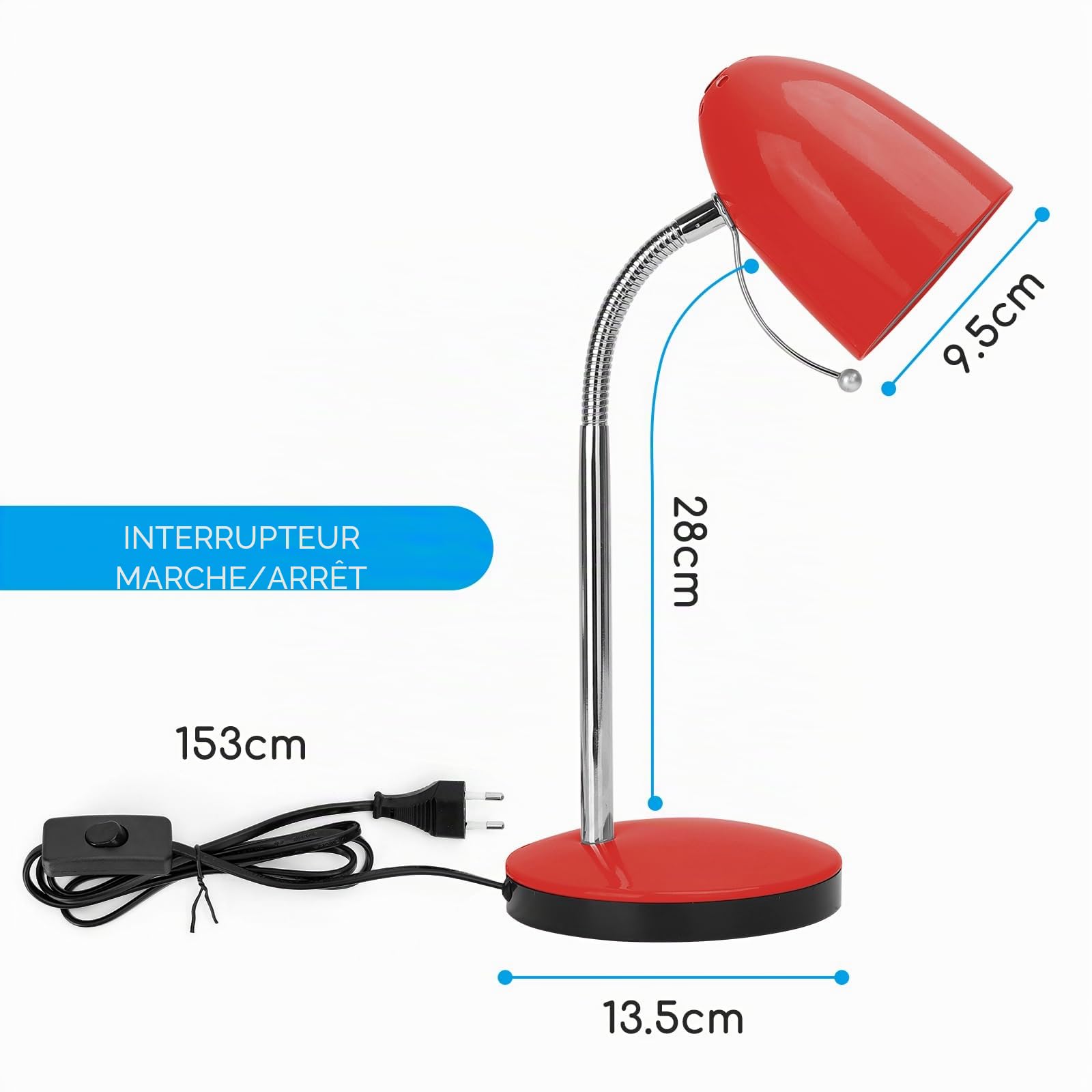 Aigostar Lampe de Bureau Retro E27, Lampe de Chevet Enfant avec Prise (Max 40 W), Excluant Ampoule, Flexible Réglable, Câble de 1.5 m, Rouge
