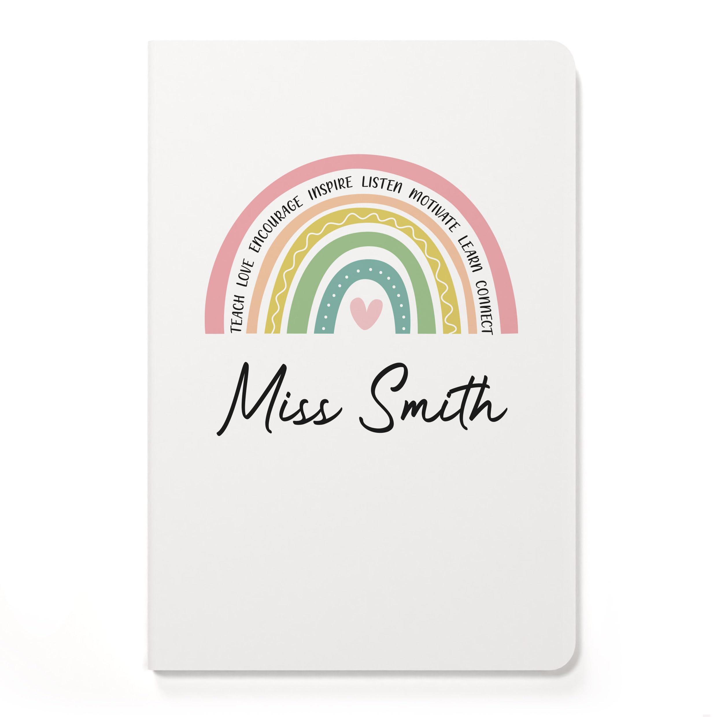 Beecreative Personalised Teacher Thank You Gifts - Custom A5 White Notebook and Pen Set - Female Teacher Rainbow Heart Notebook