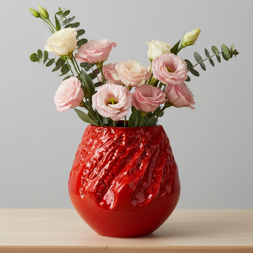 Sunddo Red Ceramic Vase 8 Inch - Boho Round Flower Vases for Table Centerpiece, Modern Textured Vase for Home Decor, Bedroom, Entryway, Fireplace, Living Room Decor