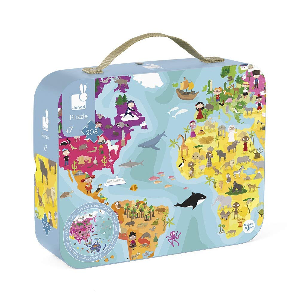 Janod - Puzle Infantil Mundo de 208 Piezas - Doble Cara - Juego Educativo de Geografía - Desarrolla la Motricidad Fina y la Concentración - A partir de 7 Años, J02655