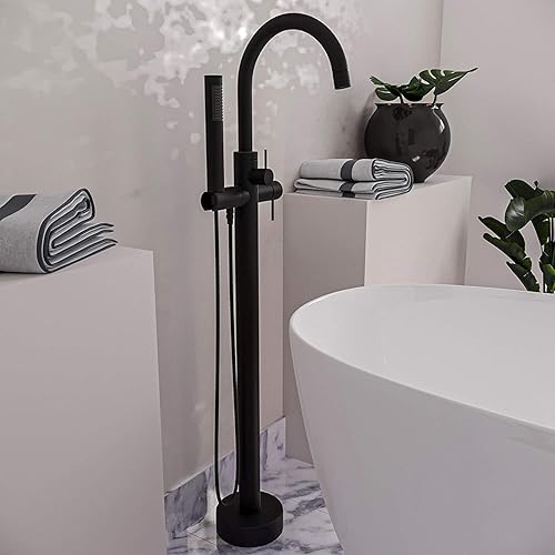 Miniatura 4 de Westbrass DF02043-62 Grifo de llenado de bañera independiente con ducha de mano, negro mate