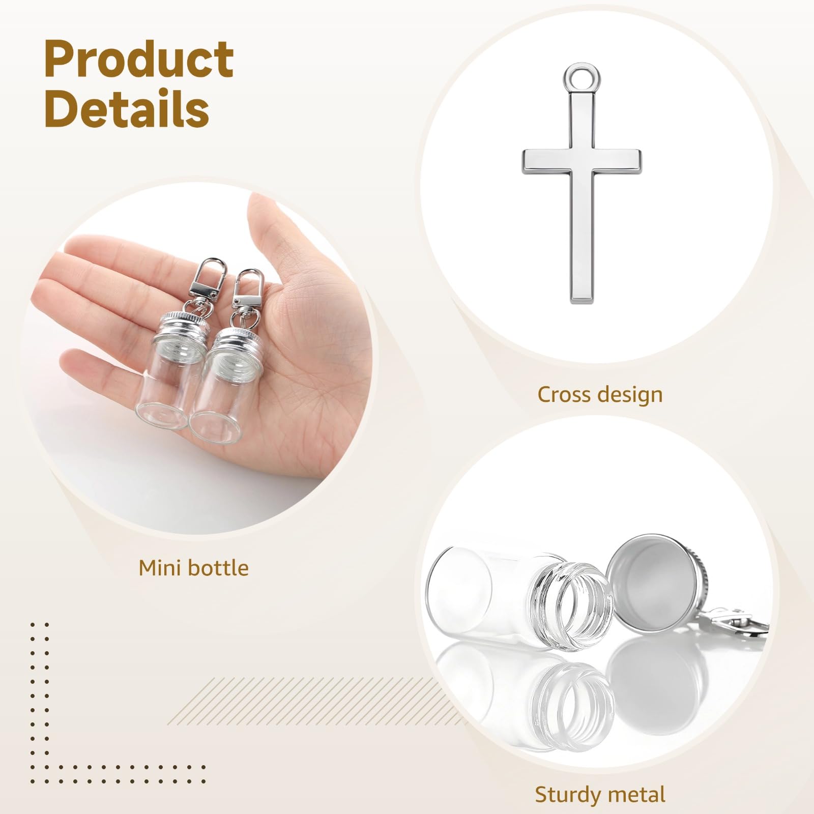 Generisch 30 Stk. Kreuz-Schlüsselanhänger-Fläschchen, 7 ml Mini-Glasfläschchen mit Metallkappen, DIY-Wunschfläschchen, Behälter für Weihwasser, Andenken und Kommunionsgeschenk