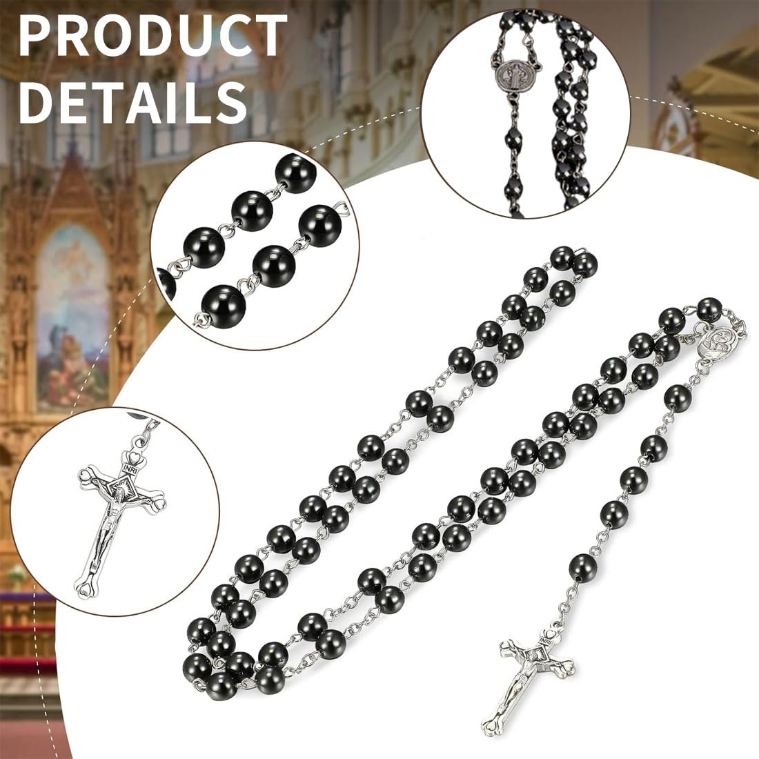 Rosario Collana Uomo Donna - Perle Vetro 8mm Con Croce In Lega Di Zinco - Foto 4