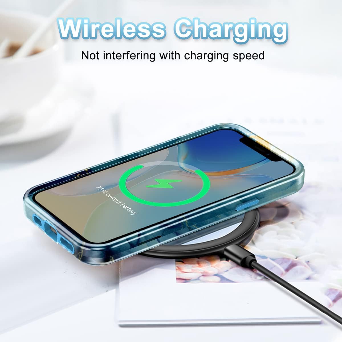 Btscase iPhone 12/12 Pro Case, Heavy Duty Three Layer Marble Shockproof Full Body Rugged Hard PC+Soft TPU Bumper Drop Protection Women Girls Cover, Blue - Image 6