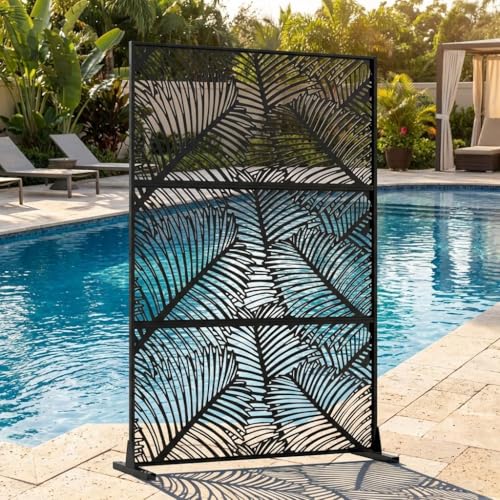 72' h × 47' w Outdoor Privacy Screen, Laser Cut Metal Garden Divider Panel with Tropical Leaf Design, Freestanding Weatherproof Privacy Fence for Patio Deck Backyard Balcony