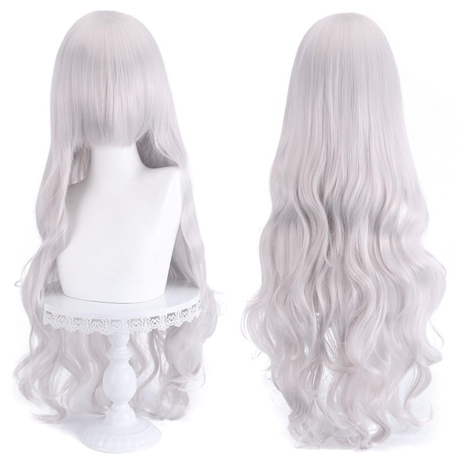MOJUN 31.5" 80cm Long Wavy Lavender Wigs With Bangs for Women Natural Curly Wigs Heat Resistant Synthetic Fiber Purple Hair Wig for Halloween Cosplay Daily Party Wig, JF80-27