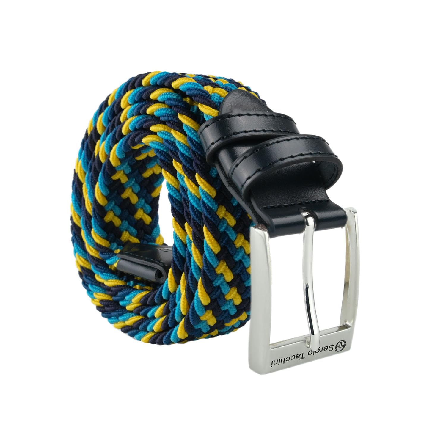 Sergio Tacchini Unisex Braided Elastic Belt with Genuine Leather Trim, Blue Yellow Navy, Adjustable, Gift Box