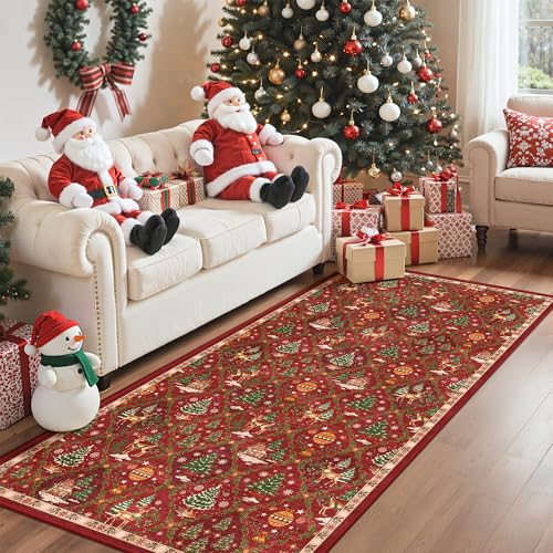 Madane Christmas Washable Runner Rug 3x6 Red Rug Runners for Hallways 6 Foot Non Slip Vintage Kitchen Runner Ultra-Thin Bathroom Xmas Holiday Decor Carpet Laundry Room Bedroom