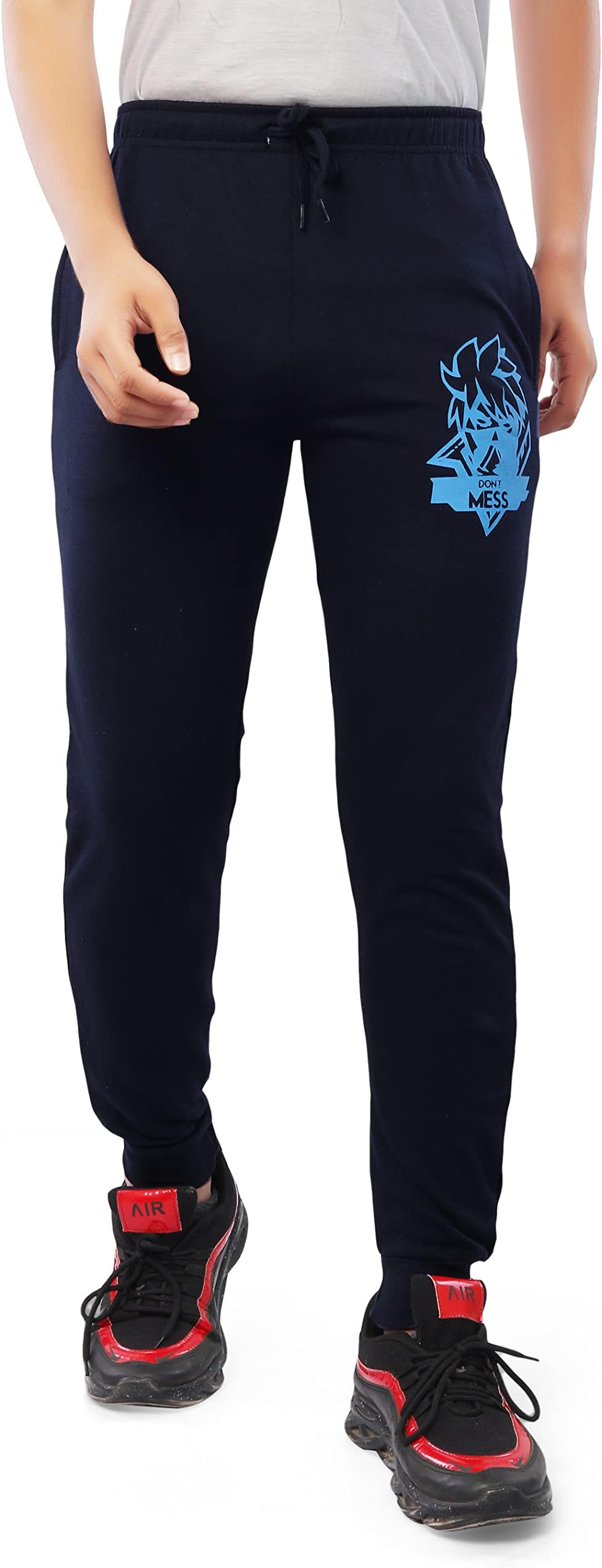 njoy Boy's Pure Cotton Printed Jogger Track Pants with 2 Side Pocket/Tapered Slim Fit/Casual/Sports Wear Lowers/Trousers/Tracksuit (Navy Blue, 11-12 Years)