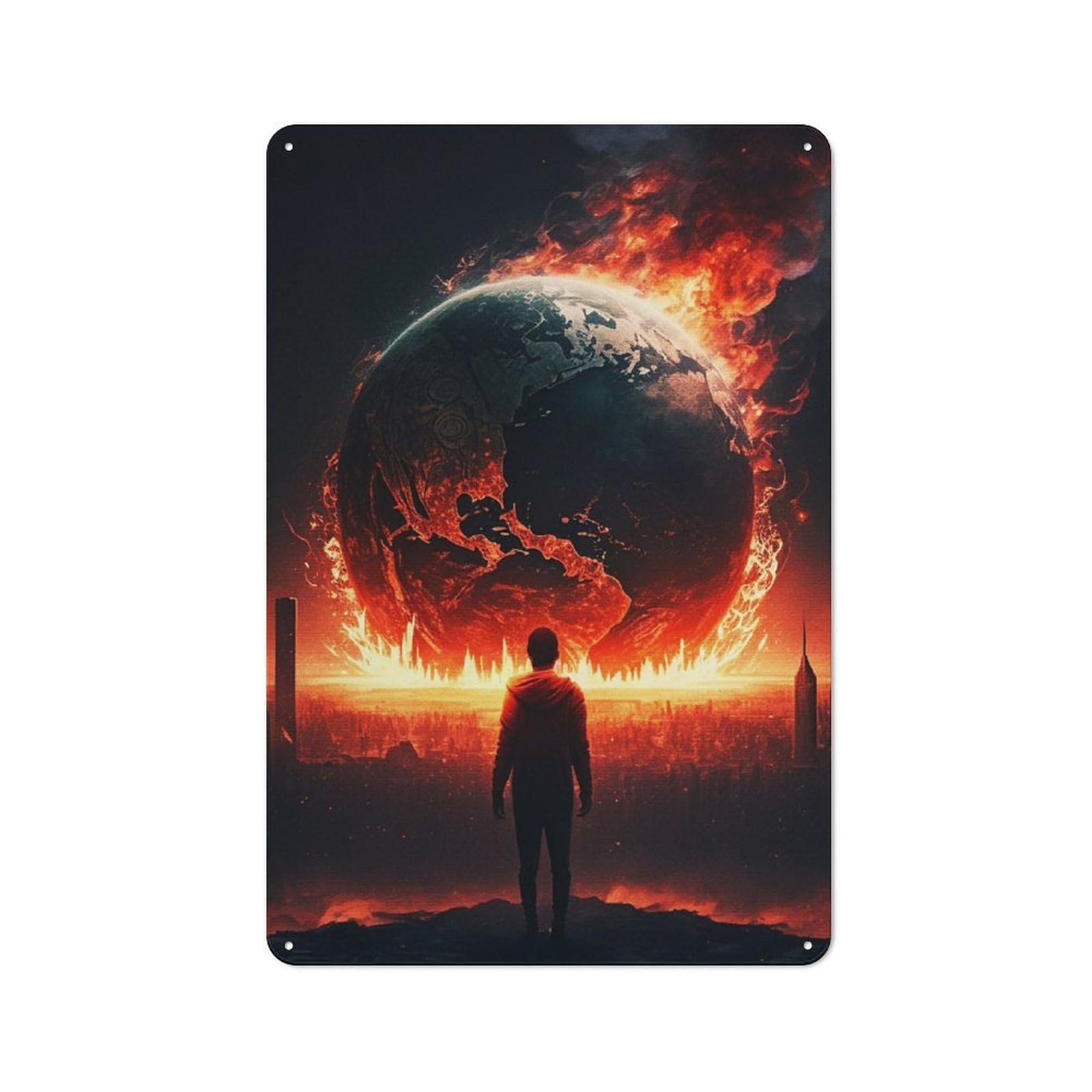 The World Is on Fire Workshop Style Metal Wall Decor 30x20cm, Decorative Metal Plaque for Garage, Hobby Room, Office Or Man Cave