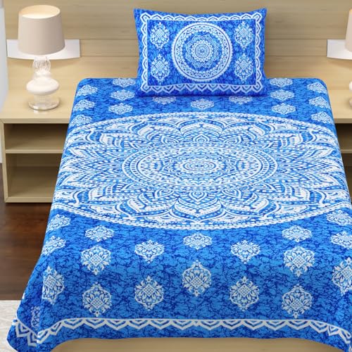 Image of RajasthaniKart Pure 100% Cotton Single Bed Sheet with 1 Pillow Cover (Bedsheet for Single Bed Cotton, Blue Star)