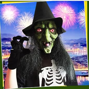 Scary Old Women Witch Mask with Hair Hat Halloween Costume Horror Witch Evil Ghost Mask Carnival Party Props