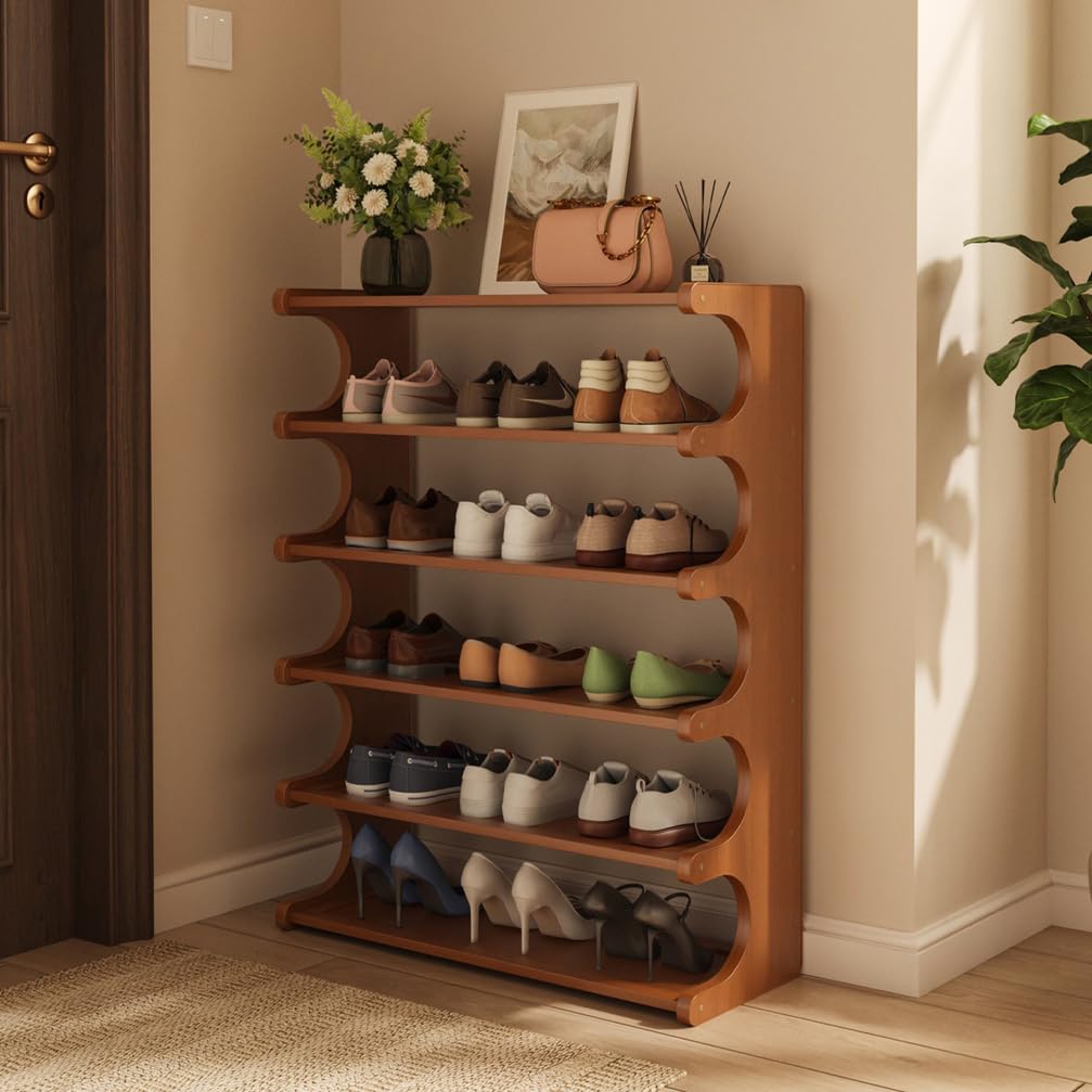 WYRNOBRX Solid Wood Shoe Rack Small with Shelving Top Zapatero Organizador 6 Tier Shoe Holder Simple Outdoor Storage Shelving Unit for Living, Hallway, Furniture Display,Brown,L60*H83*W20