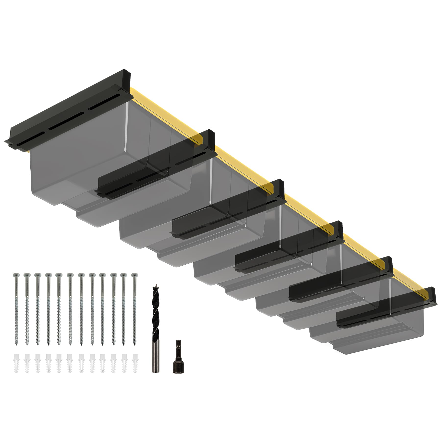 Rack portaoggetti da soffitto per garage a 5 contenitori, resistente, verniciato a polvere, per garage, capannoni, magazzini (6 pezzi, per 5 bidoni)