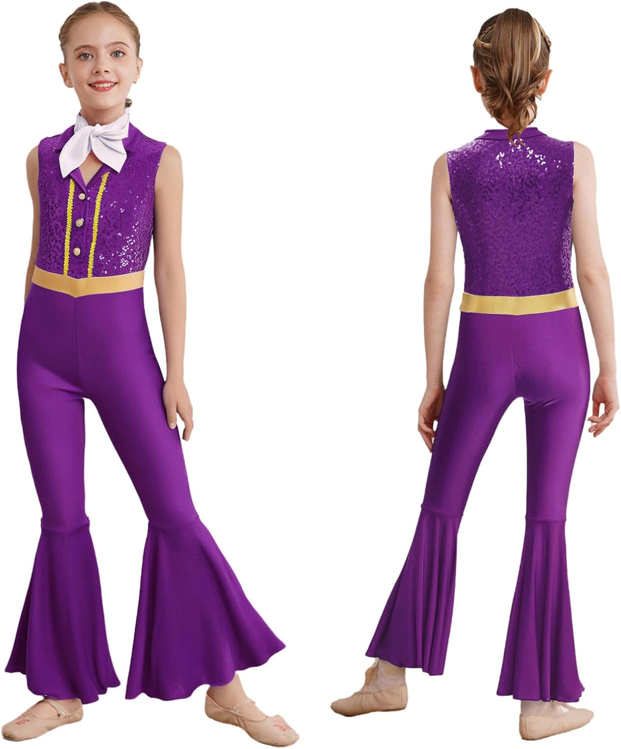YiZYiF Girl's Tank Ballet Unitard Gymnastics Dance Bodysuit Disco Party Costume Sequins Bell Bottom Jumpsuit