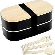 MytaYt 2 Strati Bento Box Giapponese 1300ml Bentobox Nera portare 3 posate Portapranzo giapponese con Scomparti copertura in legno Ottimo per la Scuola, Il lavoro e i Picnic