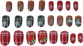 Almond False Nails Medium Full Cover Glue Christmas Nail Tips For Women And Reusable Holiday Manicure With Snowflake And Tree Design
