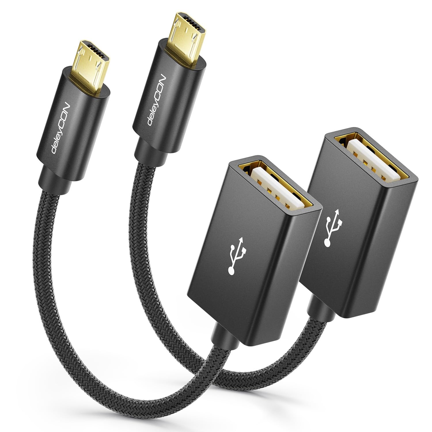 deleyCON 2 Sztuki Adapter OTG USB 2.0 Kabel Nylonowy + Metalowe Złącza - Micro USB na Gniazdo USB-A Kabel Danych - Łączenie Smartfona i Tabletu z Pendrive’em - 10 cm Krótki - Czarny