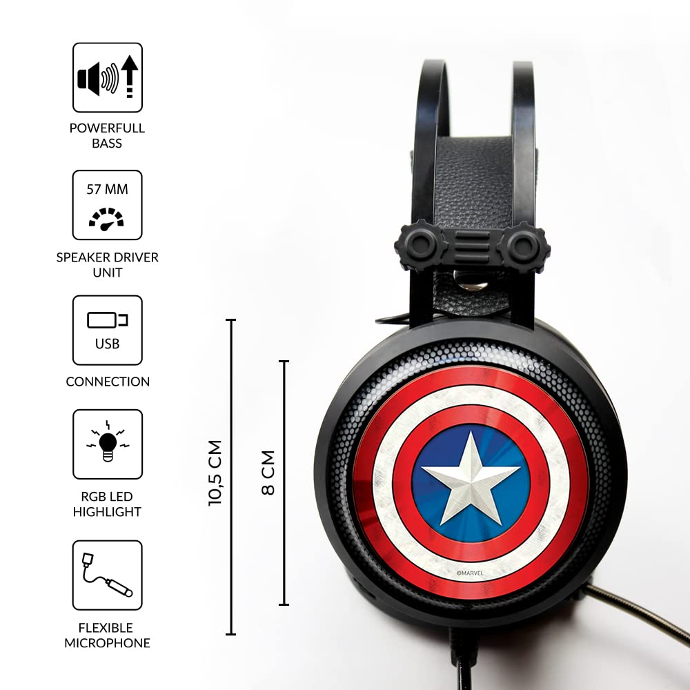 Słuchawki do gier ERT GROUP z mikrofonem, słuchawki LED z regulowanym pałąkiem na głowę Oryginalny i oficjalnie licencjonowany model Marvel Captain America 001